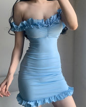 Load image into Gallery viewer, Blue Ruffled Off Shoulders Mini Dress - The Angels Hub
