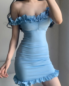 Blue Ruffled Off Shoulders Mini Dress - The Angels Hub