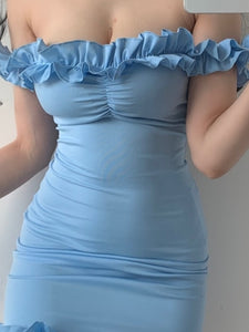 Blue Ruffled Off Shoulders Mini Dress - The Angels Hub
