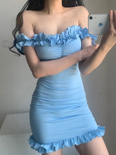 Load image into Gallery viewer, Blue Ruffled Off Shoulders Mini Dress - The Angels Hub
