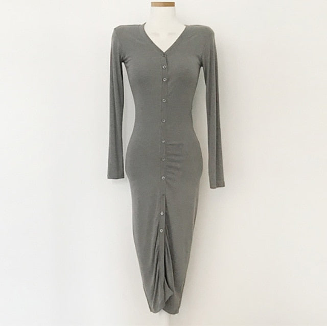 V Neck Button Down Long Sleeve Bodycon Dress - The Angels Hub